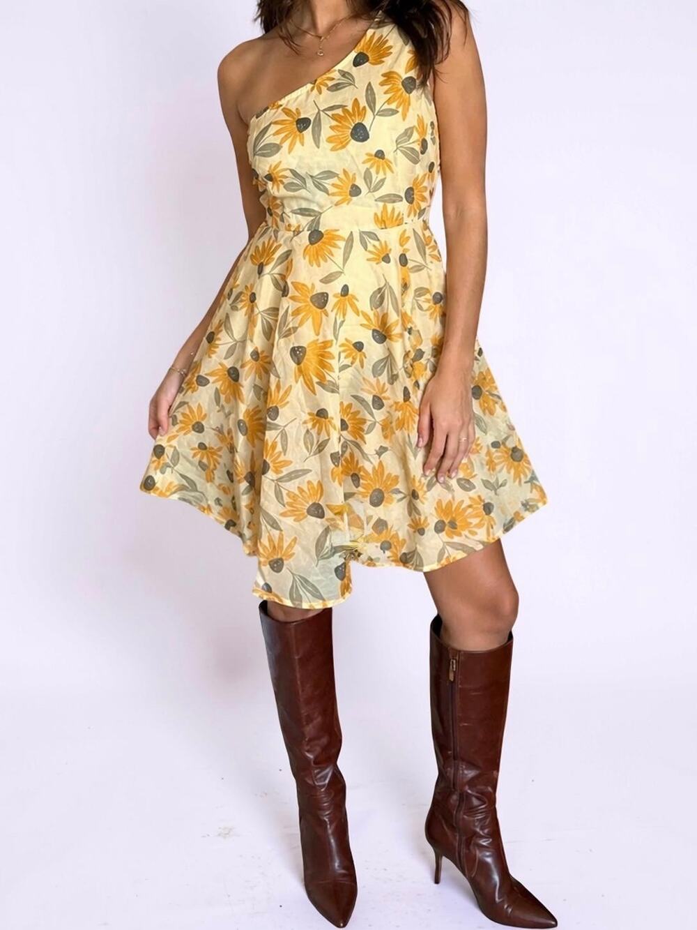 Sassafras Yellow Floral One Shoulder Organza Dress Size Medium Sheer Overlay